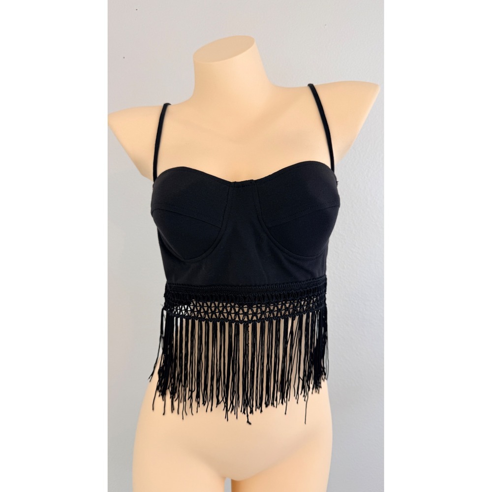 Westerncore Tower Black Fringe Bustier Crop Top Cami L Cotton Spandex USA Made